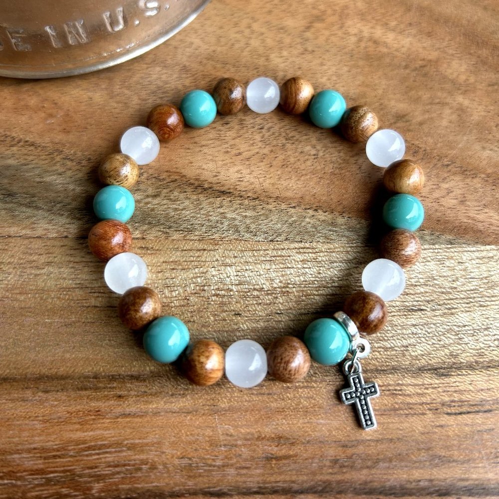 Hand Crafted Rosewood and Glass 8MM Bead Bracelet with Cross, 7.5"